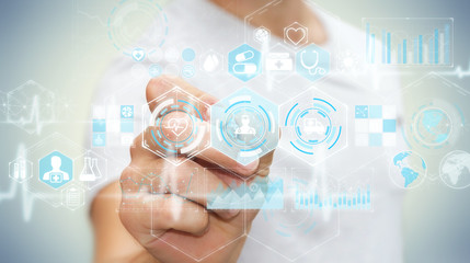 Businessman using digital medical interface with a pen 3D rendering