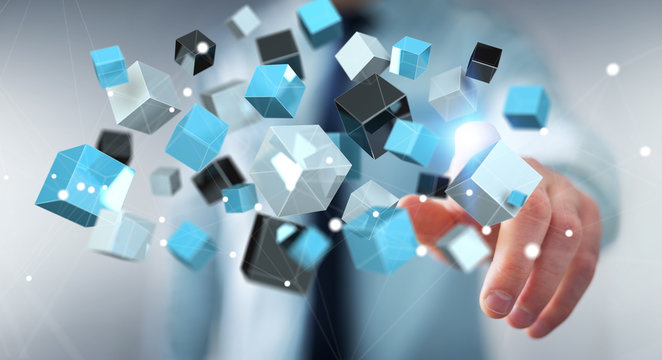 Businessman touching floating blue shiny cube network 3D rendering