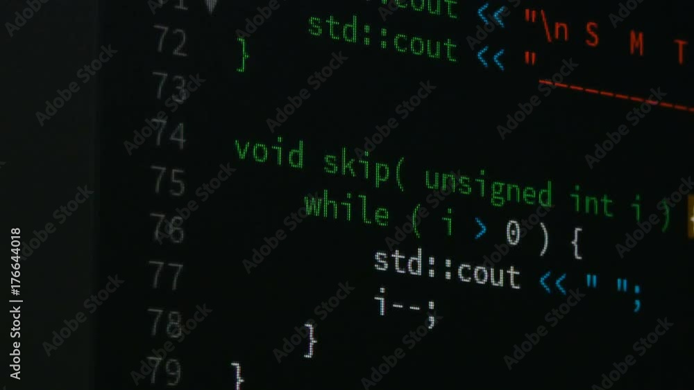 Poster programmer scrolling up and down and checking code for editing futuristic technology concept with gr