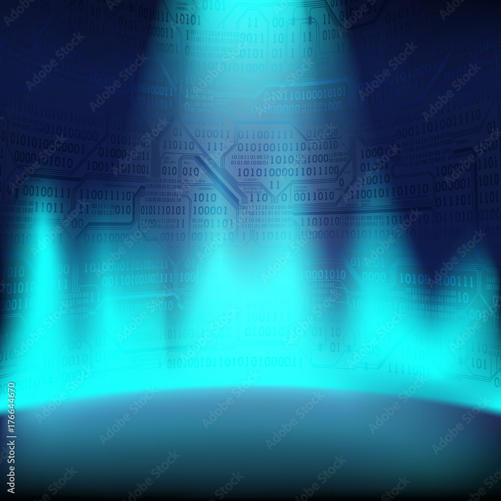 Poster abstract background with a glowing plasma and a wall of binary code and printed circuit boards, the 