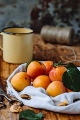 Delicious ripe apricots in a wooden bowl on the table close-up. Horizontal view from above