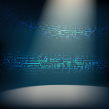 Abstract background with illuminated foreground and strips of binary code and printed circuit boards, concept of digital technologies of the future