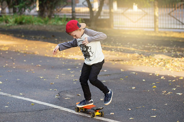 Little urban boy with a penny skateboard. Young kid riding in the park on a skateboard. City style. Urban kids. © nata_zhekova