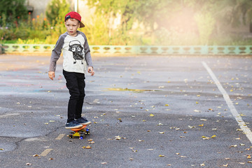 Fototapeta premium Little urban boy with a penny skateboard. Young kid riding in the park on a skateboard. City style. Urban kids.