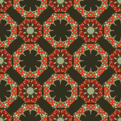 Elegant vector ornamental seamless pattern in Art Nouveau style. Pastel retro colors, shades of red, green, gray and beige. Square format of the motive.