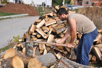 Lumberjack chopping wood for winter, Lumberjack chopping woods with old ax