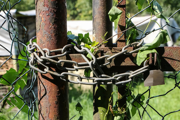 Vorhängeschloß und Kette an einem Gartentor