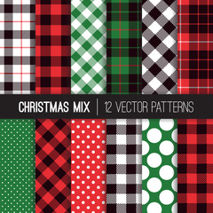 Obraz premium Xmas Green, Red, Black and White Polka Dots, Gingham and Tartan Plaid Seamless Vector Patterns. Set of Christmas Backgrounds. Trendy Hipster Flannel Shirt Checks. Pattern Tile Swatches Included