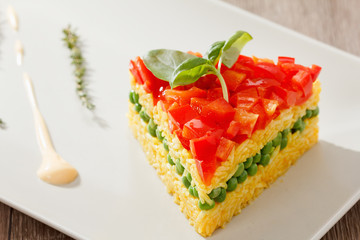 Vegetarian food, rice salad with vegetables, healthy meals