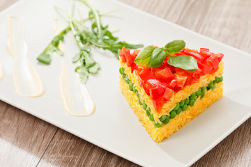 Vegetarian food, rice salad with vegetables, healthy meals