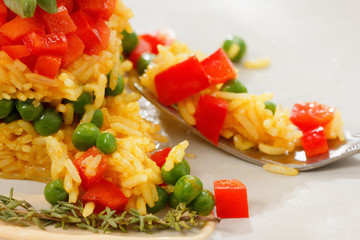 Vegetarian food, rice salad with vegetables, healthy meals