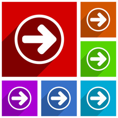 Right arrow flat design vector icon set. Colorful buttons for web design and android smartphone and mobile phone applications.