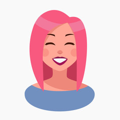 Cartoon Smiling Female Character With Pink Hair. Young Beautiful Girl Cheerful isolated on White Background. Vector Illustration