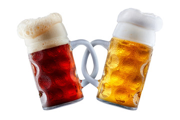 Two beer mugs being attached to each other and making toast. Friendship or oktoberfest concept isolated on white background