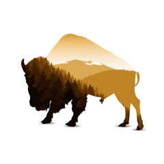 Silhouette of bison with autumn mountain panorama. - obrazy, fototapety, plakaty