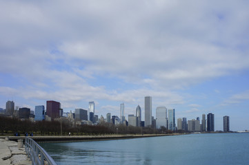 Skyscapers and skylin of Chicago and Lake Michigan from Milennium Park