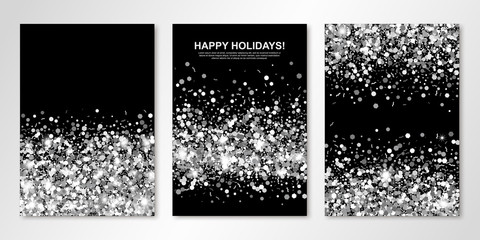 Banners set with silver confetti on black. Vector flyer design templates for wedding, invitation cards, save the date, business brochure design, certificates. All layered and isolated