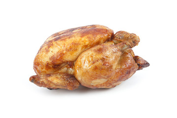 whole cooked chicken on isolated white background