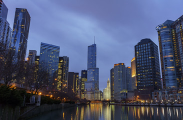 Night view of Trump International Hotel & Tower and Chicago skyline