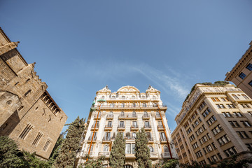 View on the old residential buildings on the Ramon Berenguer square in Bracelona city