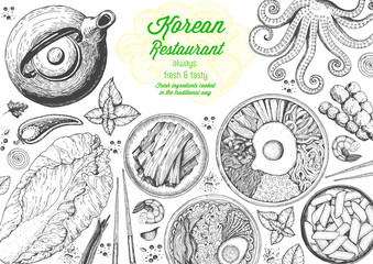 Korean food menu restaurant. Korean food sketch menu. Asian food background. Asian food poster. Set of dishes: bibimbap, kimchi, tteok-bokki, ramen. Vector illustration - obrazy, fototapety, plakaty
