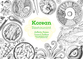 Korean food menu restaurant. Korean food sketch menu. Asian food background. Asian food poster. Set of dishes: bibimbap, kimchi, tteok-bokki, ramen. Vector illustration.