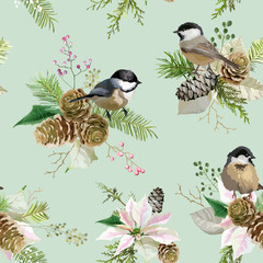 Winter Christmas Birds Seamless Background in Vector. Floral Poinsettia Retro Pattern