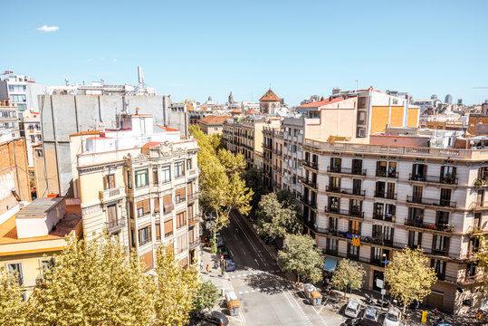 Top view on residential buildings on the street in Barcelona city