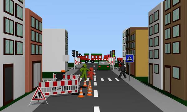 Straße einer Stadt mit Baustelle, Fußgängerüberweg und Fußgängern