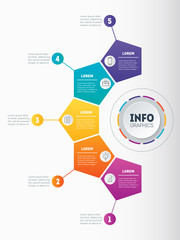 Fototapeta premium Business presentation, infographic or mind map with 5 options. Web Template of a chart, mindmap or diagram with five steps. Vector dynamic infographics of technology or education process.