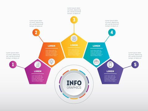 Business presentation, infographic or mind map with 5 options. Vector dynamic infographics of technology or education process. Web Template of a chart, mindmap or diagram. Part of the report.