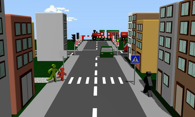 Stadtteil mit Fußgängern, Autos, Häusern und Verkehrszeichen