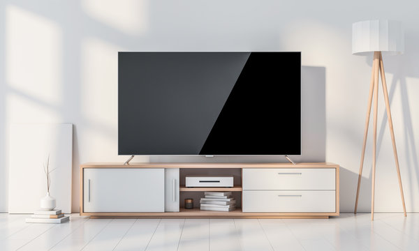 Smart Tv Mockup with blank screen standing in modern living room on wooden console, 3d rendering