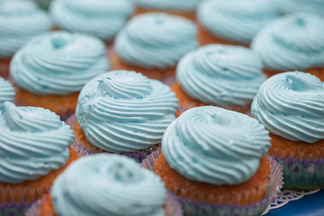 Closeup of blue cupcakes. Selective focus. Sweet dessert tasty food concept muffin baby shower treat. Sweettooth. Bakery