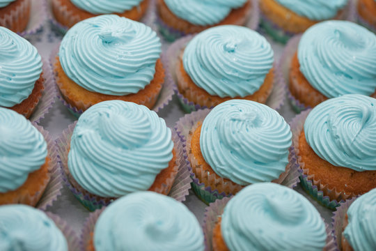 Closeup of blue cupcakes. Selective focus. Sweet dessert tasty food concept muffin baby shower treat. Sweettooth. Bakery