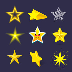 Different style shape silhouette shiny star icons collection vector illustration on blue background