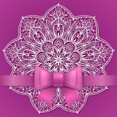 Purple vintage greeting card template with bow ribbon and lace mandala. Vector wedding invitation design. Anniversary template design for any celebration. Birthday, christmas, baby shower flyer.
