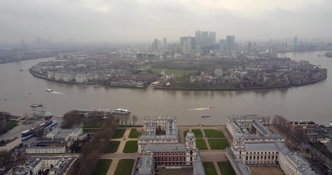 Flying towards Canary Wharf over the Greenwich University aerial 4K footage