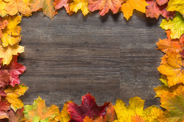 Frame out of colourful autumn leaves on wooden background