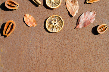 Autumn decoration on rusty background