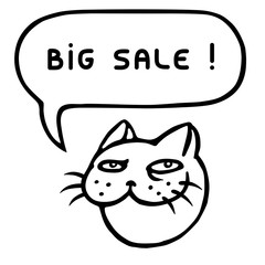 Big sale. Cartoon cat head. Speech bubble. Vector illustration.