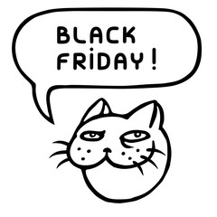 Black friday. Сute tomcat head. Speech bubble. Vector illustration.