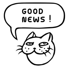 Good news. Cartoon cat head. Speech bubble. Vector illustration.
