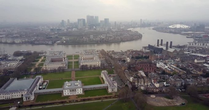 Aerial view of Greenwich University and Canary Wharf 4K