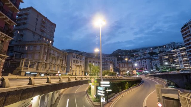 Timelapse of traffic in Monaco at dusk