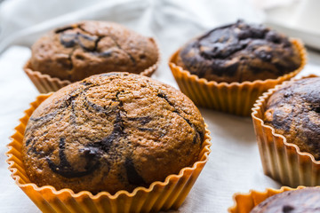 Freshly baked vanilla-chocolate muffins close-up