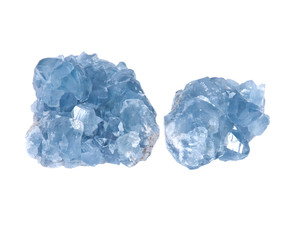 Blue celestite cluster isolated on white background