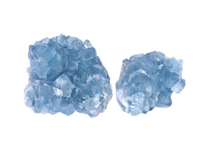 Blue celestite cluster isolated on white background