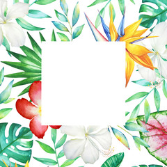 Fototapeta na wymiar Card template with watercolor hand drawn tropical flowers and plants isolated on white background with empty space for text.