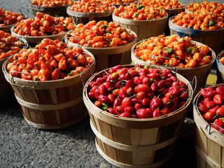 Peppers in baskets at the Minneapolis Farmers Market